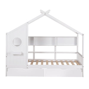 Kids Single House Bed Frame | Solid Wood | Storage Bookcase & 2 Drawers | White