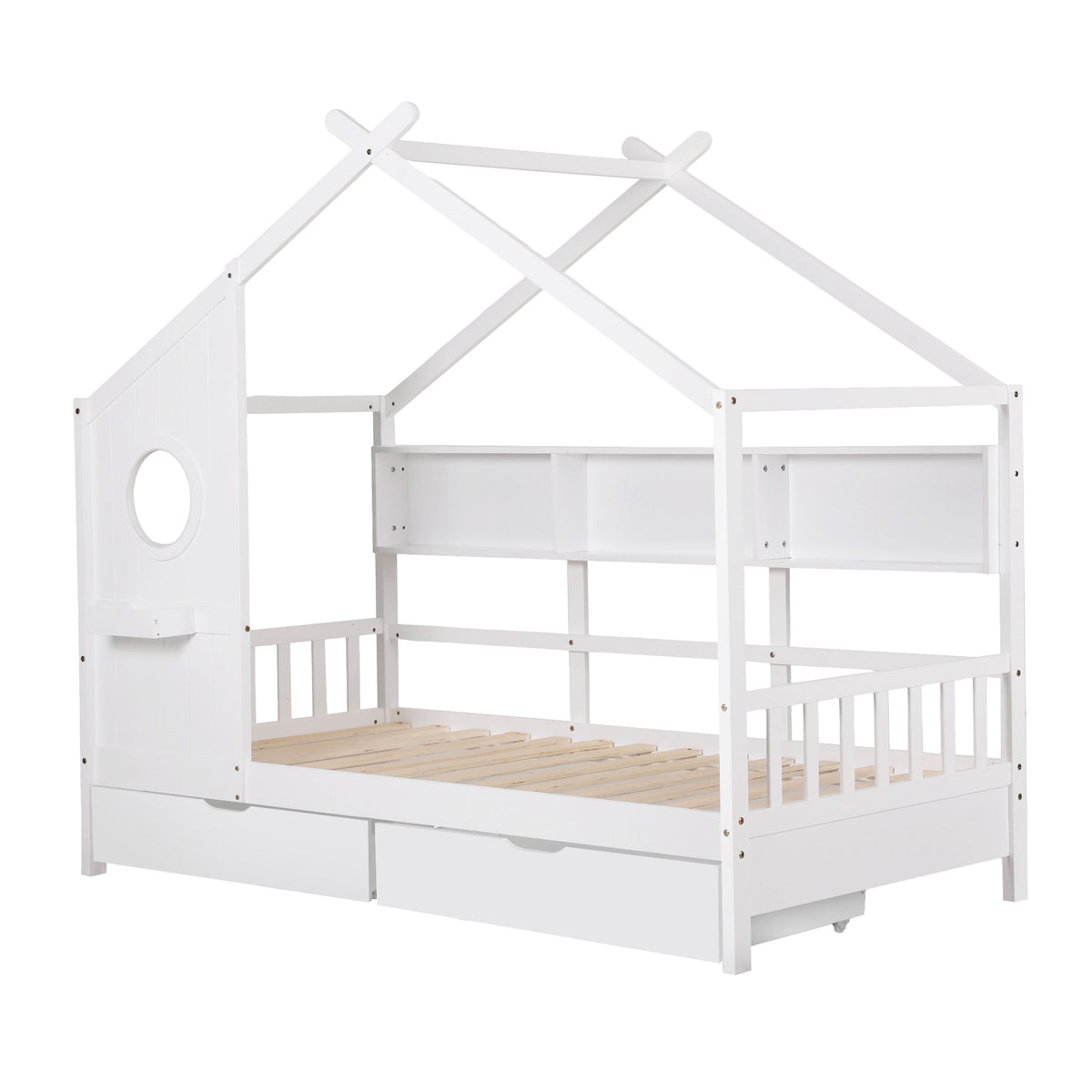 Kids Single House Bed Frame | Solid Wood | Storage Bookcase & 2 Drawers | White