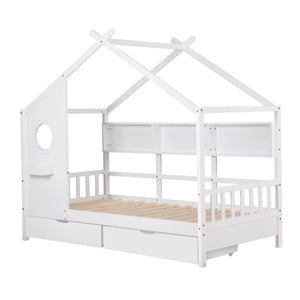 Kids Single House Bed Frame | Solid Wood | Storage Bookcase & 2 Drawers | White