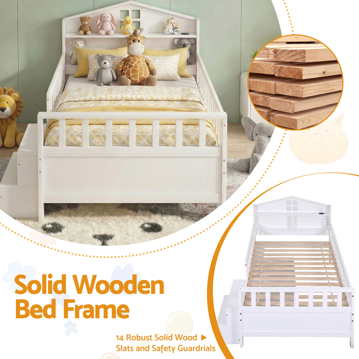Single Bed Frame | 2 Drawers | USB Ports | LED Light | Solid Wood | White