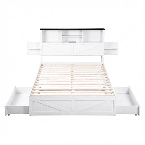 Artiss Double Bed Frame with Storage Drawers White Platform Bedframe with Bookcase Headboard Charging Station Led Light
