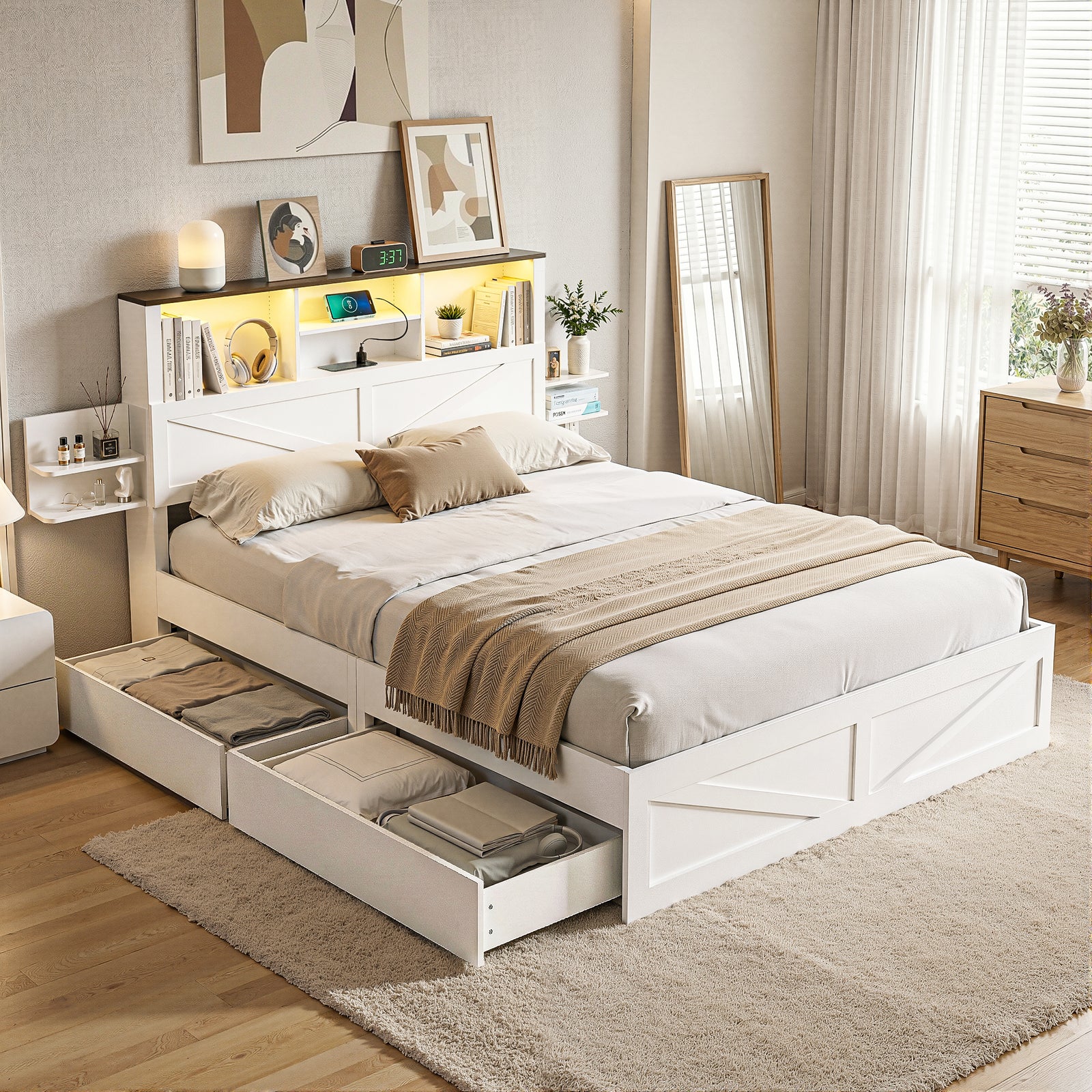 Queen Bed Frame | White Storage Base with Bookcase Headboard & LED Light