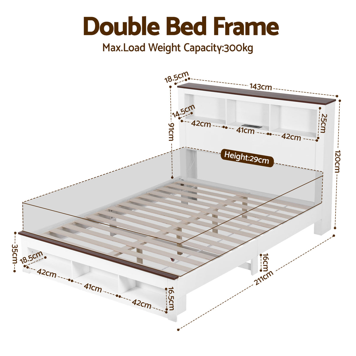 Double Bed Frame | Bookcase Headboard & Footboard | Charging Station | LED Light | White