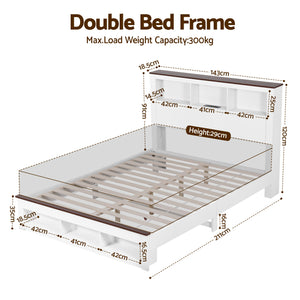 Double Bed Frame | Bookcase Headboard & Footboard | Charging Station | LED Light | White