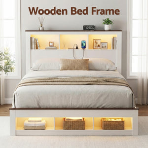 Double Bed Frame | Bookcase Headboard & Footboard | Charging Station | LED Light | White
