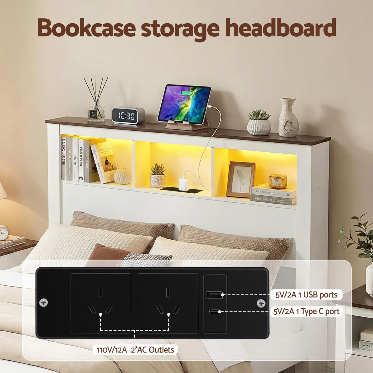 Double Bed Frame | Bookcase Headboard & Footboard | Charging Station | LED Light | White
