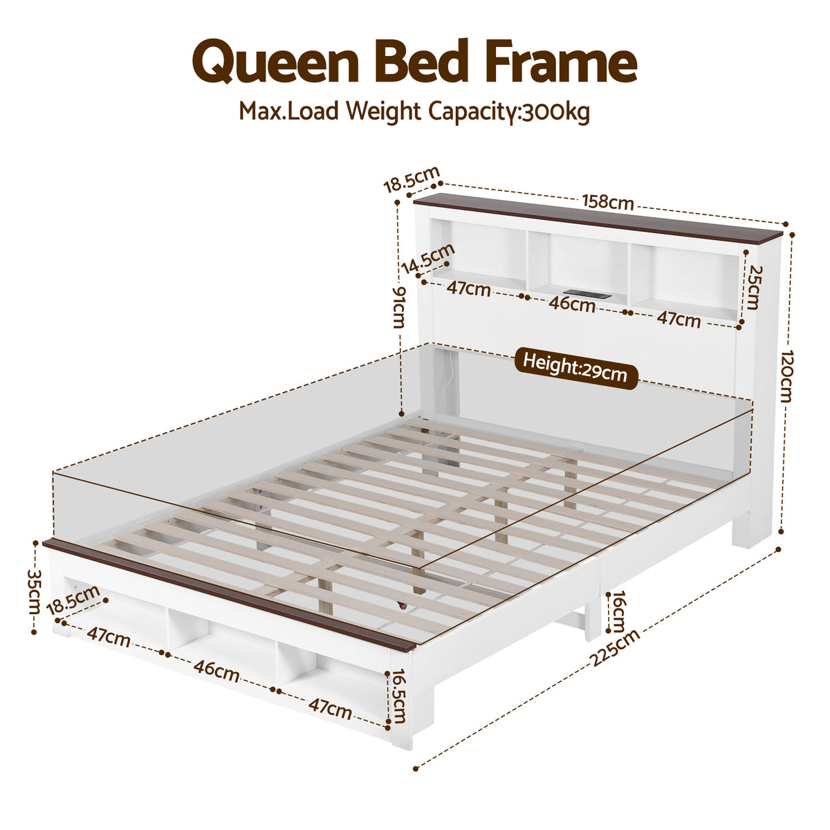 Queen Bed Frame | Bookcase Headboard & Footboard | Charging Station | LED Light | White