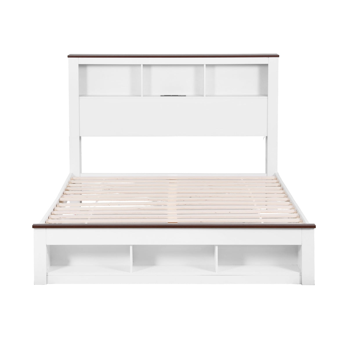 Queen Bed Frame | Bookcase Headboard & Footboard | Charging Station | LED Light | White