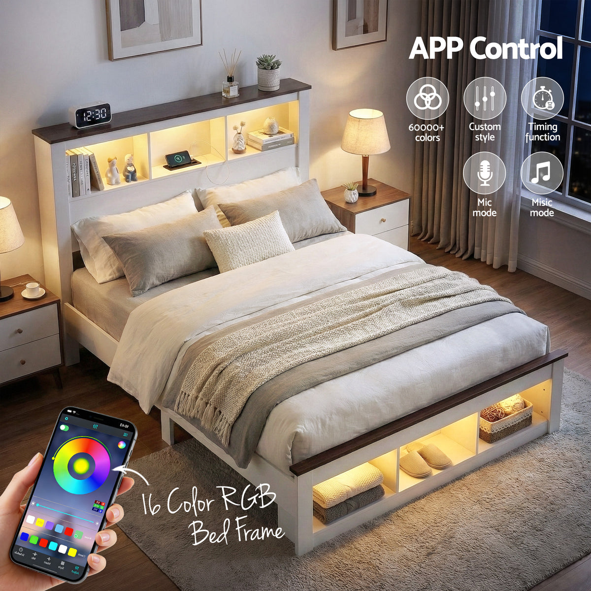 Queen Bed Frame | Bookcase Headboard & Footboard | Charging Station | LED Light | White