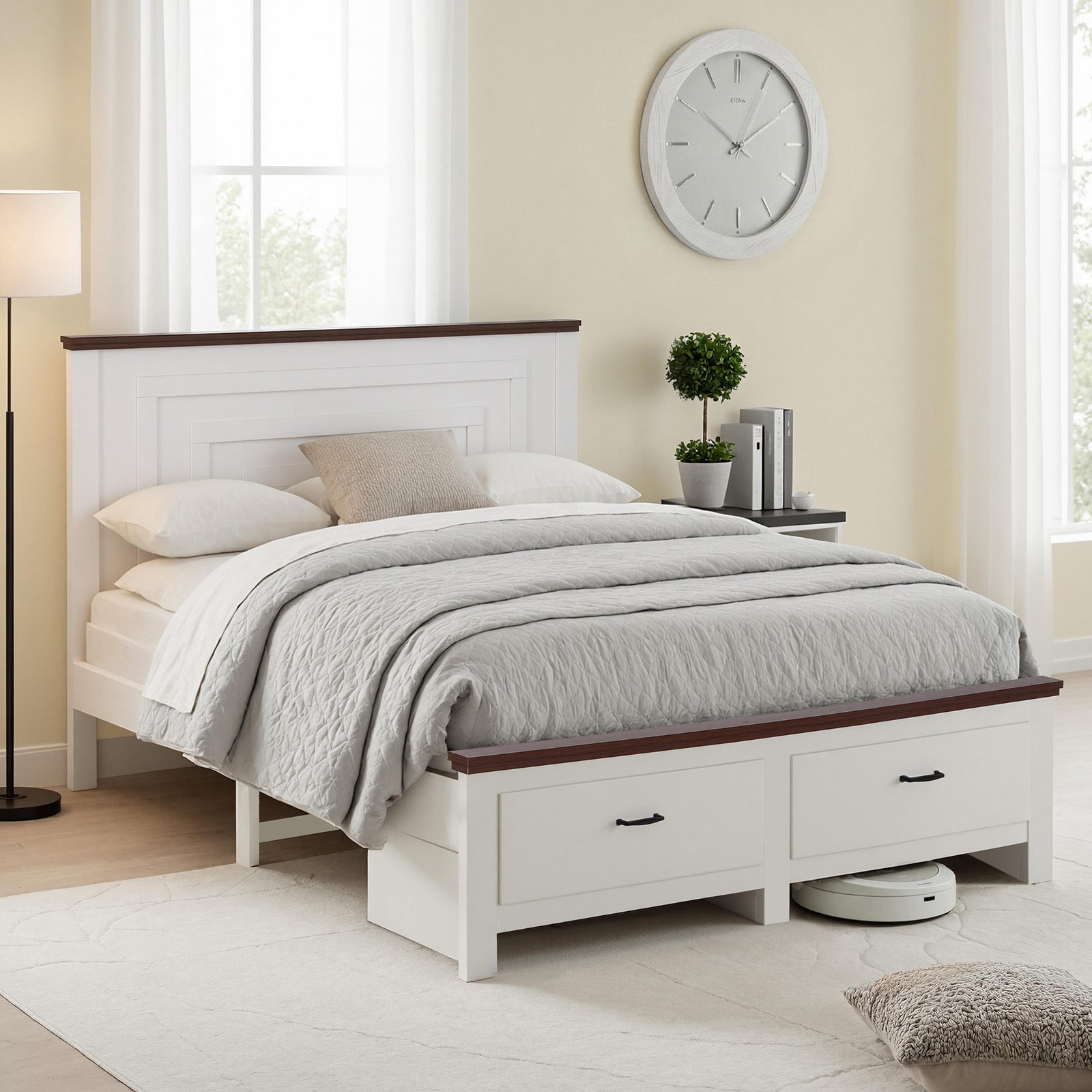 Queen Wooden Bed Frame | 2 Drawers & High Headboard | White
