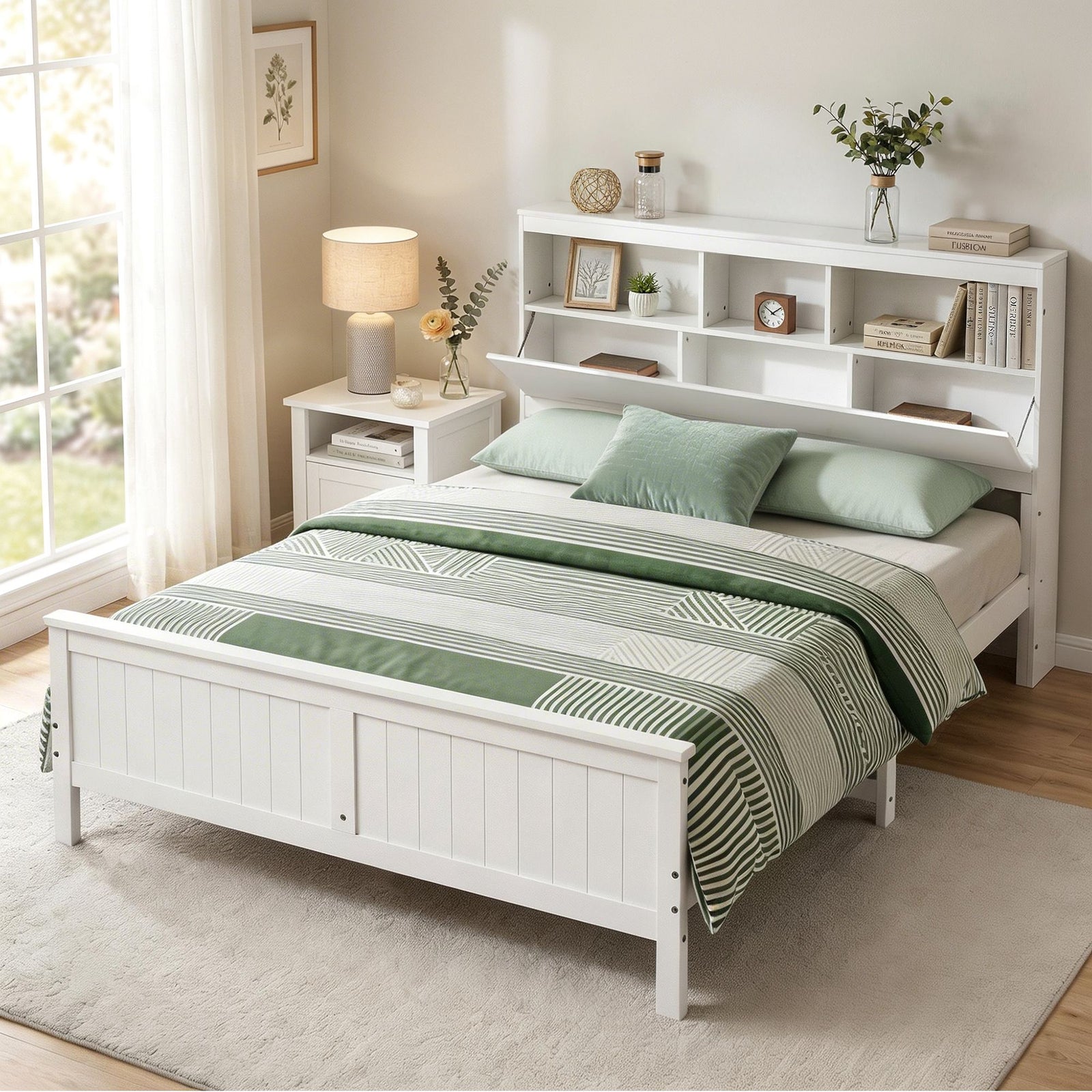 Queen Wooden Bed Frame | Storage Headboard & Footboard | White