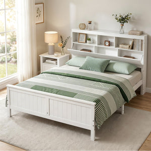 Artiss Queen Bed Frame with Storage Headboard and Footboard Wooden Bed Base White
