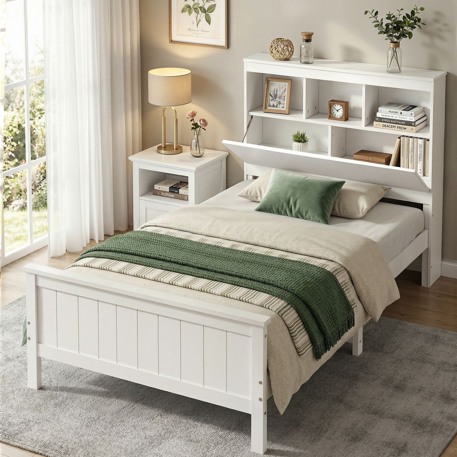 Single Wooden Bed Frame | Storage Headboard & Footboard | White