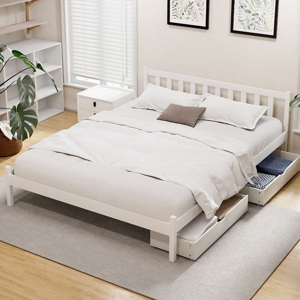 Bed Frame | Double Size Wooden Platform Bed with 2 Storage Drawers | White SOFIE