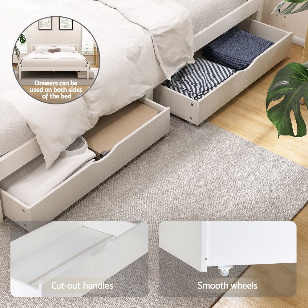 Bed Frame | Double Size Wooden Platform Bed with 2 Storage Drawers | White SOFIE