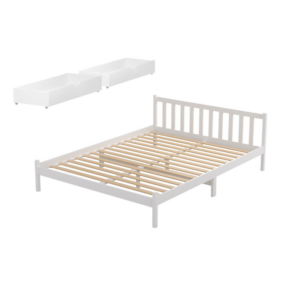 Bed Frame | Double Size Wooden Platform Bed with 2 Storage Drawers | White SOFIE