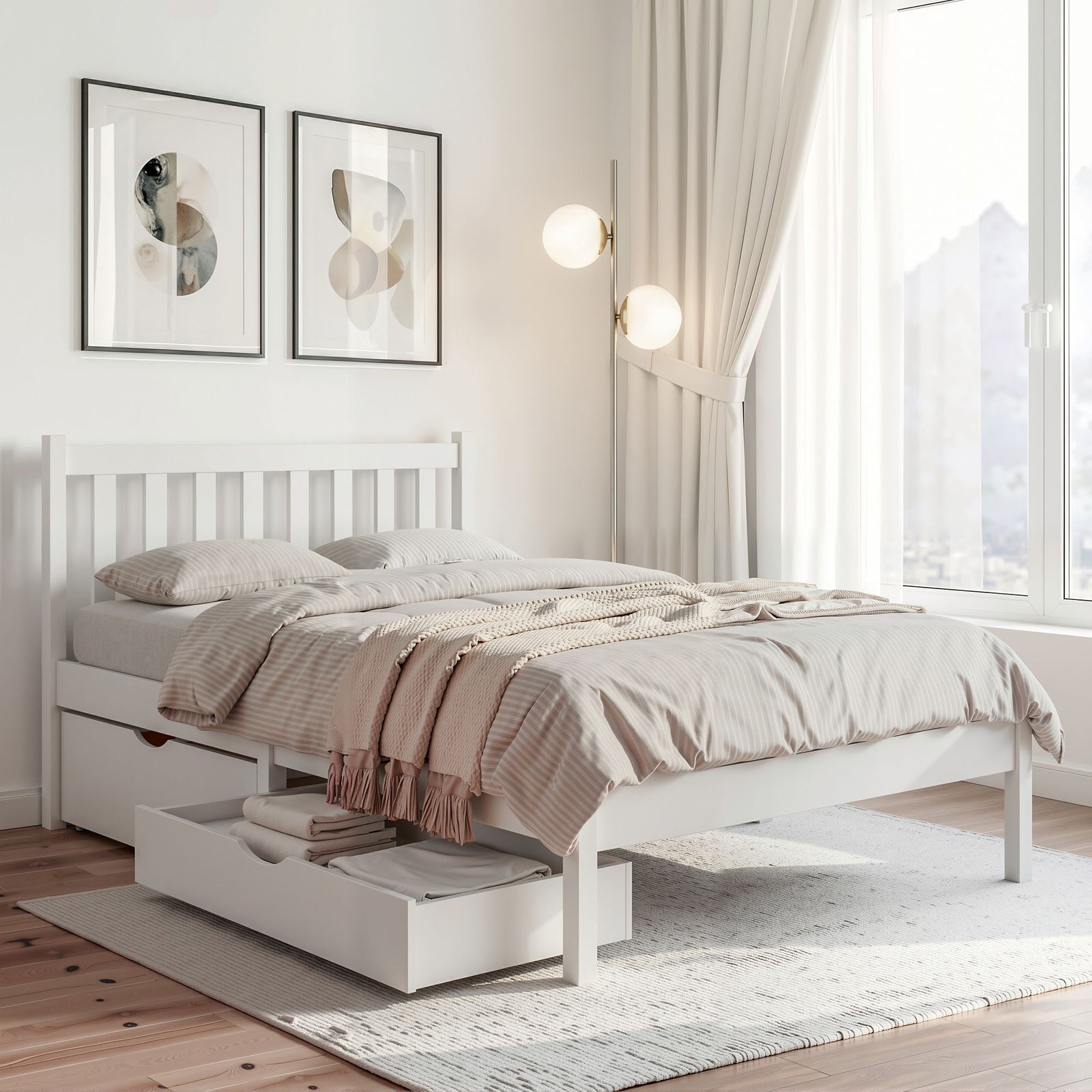 Bed Frame | King Single Size Wooden Platform Bed with 2 Storage Drawers | White Finish