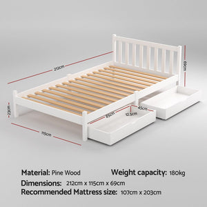 Bed Frame | King Single Size Wooden Platform Bed with 2 Storage Drawers | White Finish