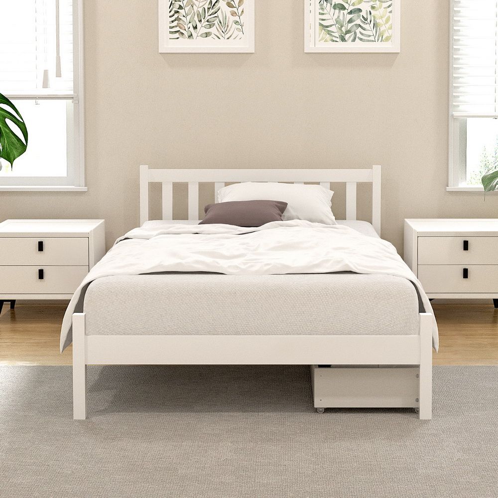 Bed Frame | King Single Size Wooden Platform Bed with 2 Storage Drawers | White Finish