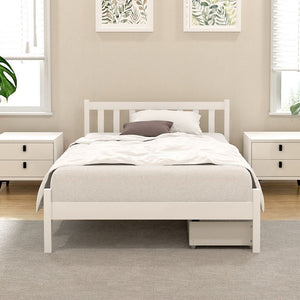 Bed Frame | King Single Size Wooden Platform Bed with 2 Storage Drawers | White Finish