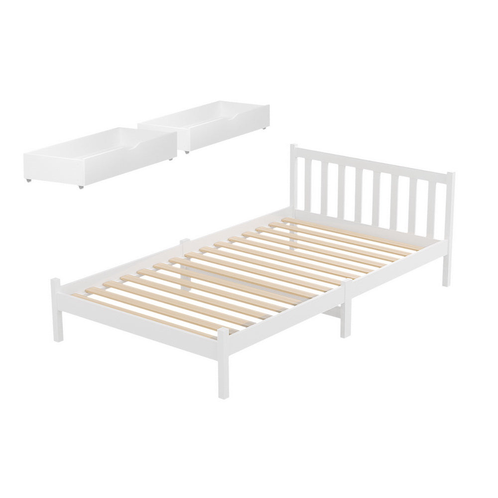 Bed Frame | King Single Size Wooden Platform Bed with 2 Storage Drawers | White Finish