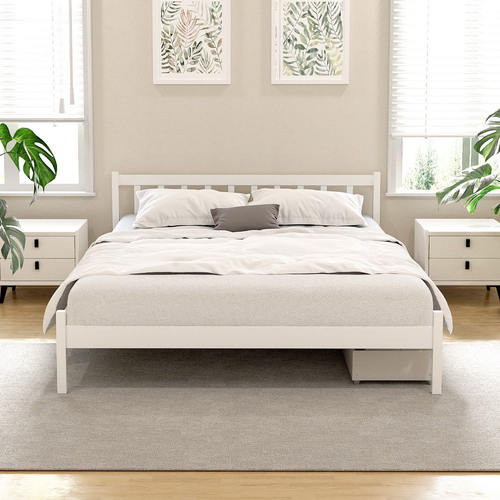 Bed Frame | Queen Size Wooden Platform Bed with 2 Storage Drawers | White Finish
