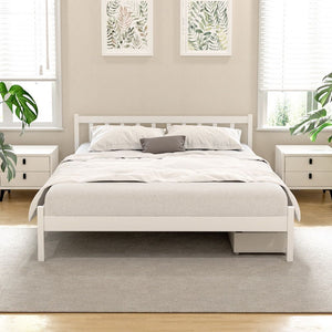Bed Frame | Queen Size Wooden Platform Bed with 2 Storage Drawers | White Finish