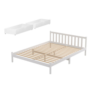Bed Frame | Queen Size Wooden Platform Bed with 2 Storage Drawers | White Finish