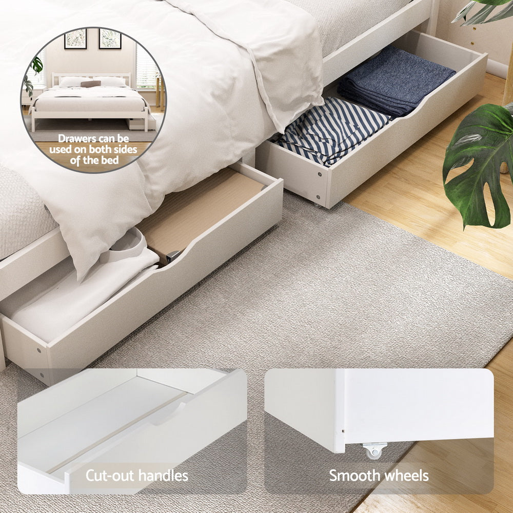 Bed Frame | Queen Size Wooden Platform Bed with 2 Storage Drawers | White Finish