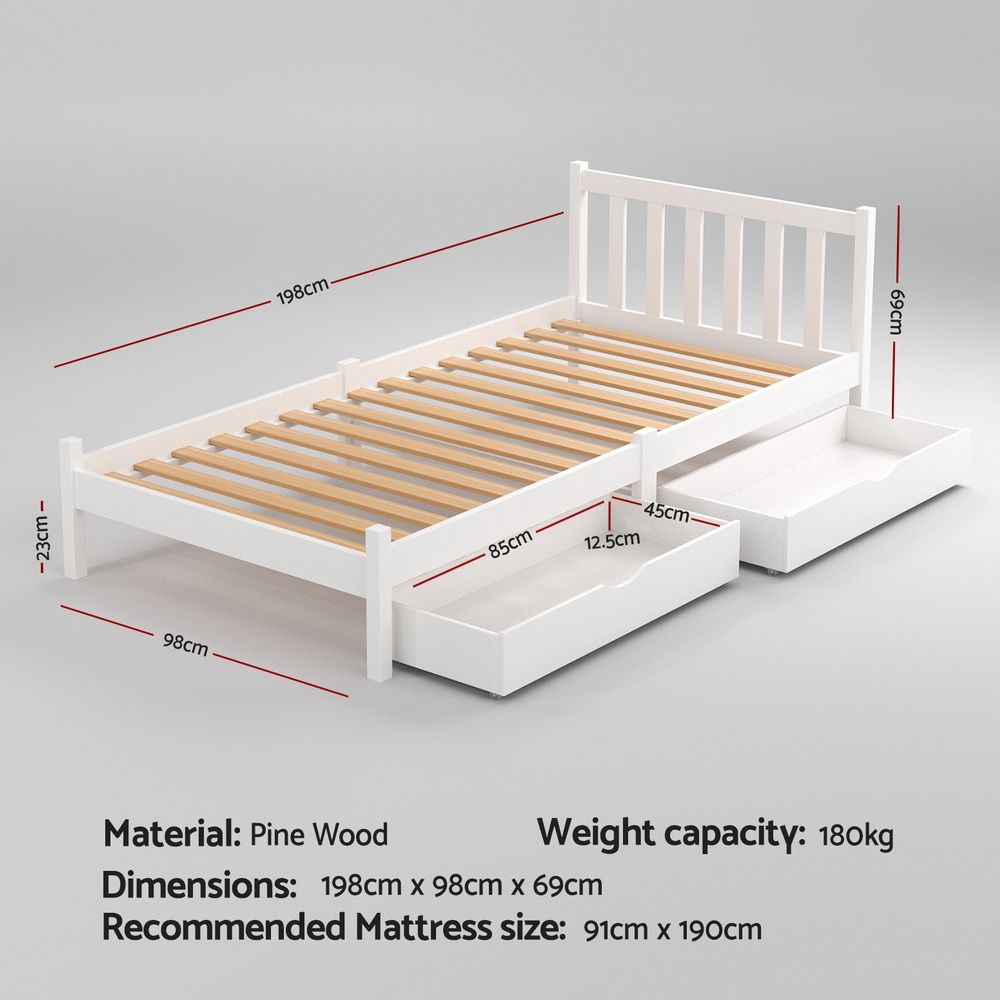 Bed Frame | Single Size Wooden Platform Bed with 2 Storage Drawers | White SOFIE