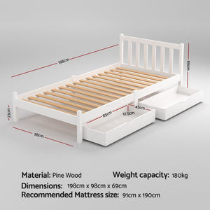 Bed Frame | Single Size Wooden Platform Bed with 2 Storage Drawers | White SOFIE