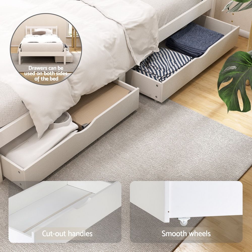 Bed Frame | Single Size Wooden Platform Bed with 2 Storage Drawers | White SOFIE