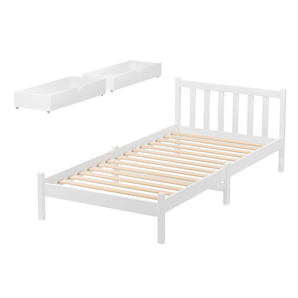 Bed Frame | Single Size Wooden Platform Bed with 2 Storage Drawers | White SOFIE