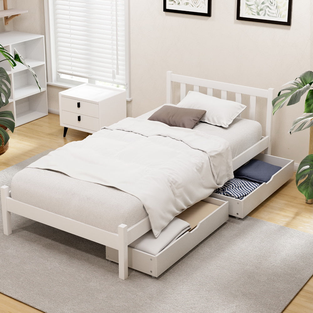Bed Frame | Single Size Wooden Platform Bed with 2 Storage Drawers | White SOFIE