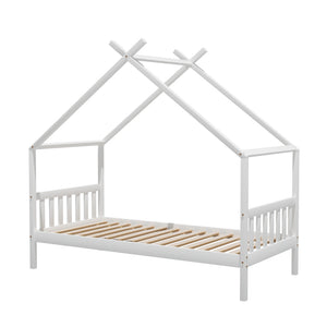 Artiss Bed Frame | Wooden Base | Kids Single | Timber House | White