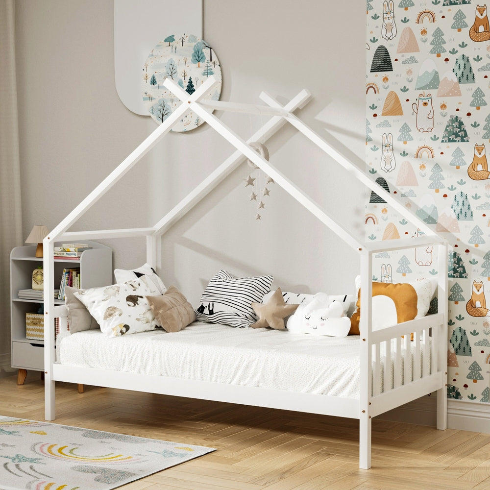 Artiss Bed Frame | Wooden Base | Kids Single | Timber House | White