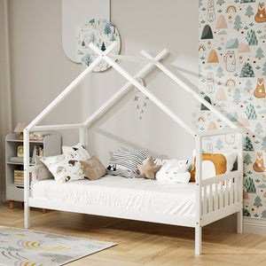 Artiss Bed Frame | Wooden Base | Kids Single | Timber House | White