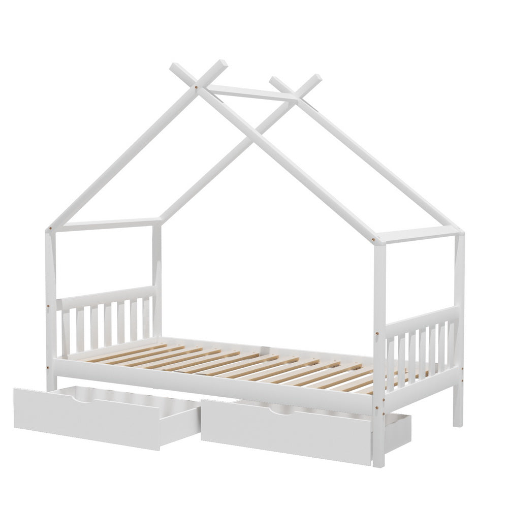 Artiss Bed Frame | Wooden Kids Single | Timber House with 2 Drawers | White