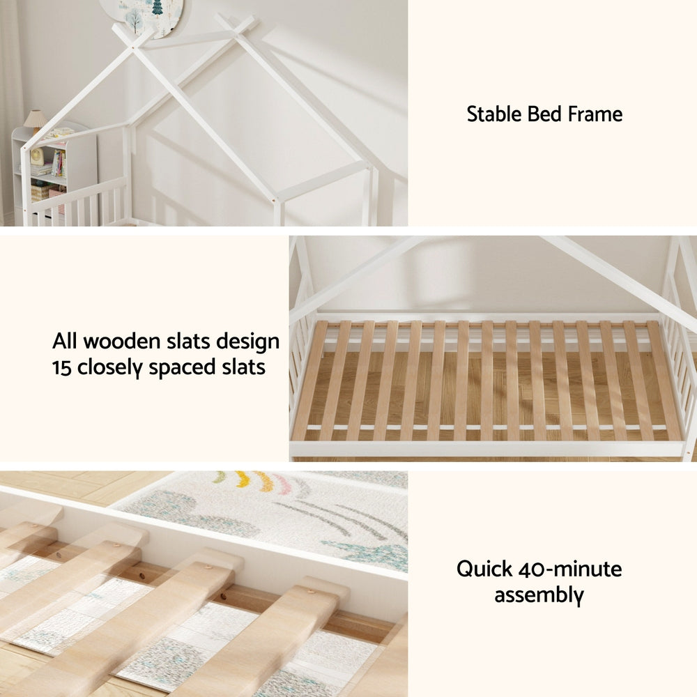 Artiss Bed Frame | Wooden Kids Single | Timber House with 2 Drawers | White
