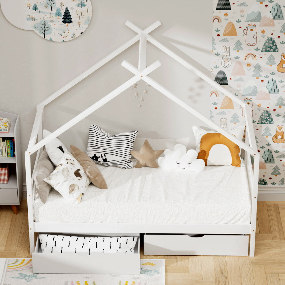Artiss Bed Frame | Wooden Kids Single | Timber House with 2 Drawers | White