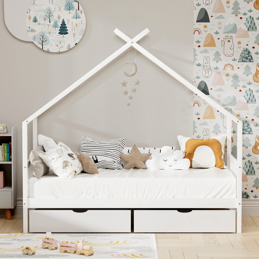 Artiss Bed Frame | Wooden Kids Single | Timber House with 2 Drawers | White