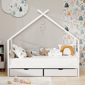 Artiss Bed Frame | Wooden Kids Single | Timber House with 2 Drawers | White