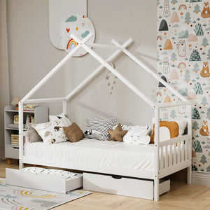 Artiss Bed Frame | Wooden Kids Single | Timber House with 2 Drawers | White