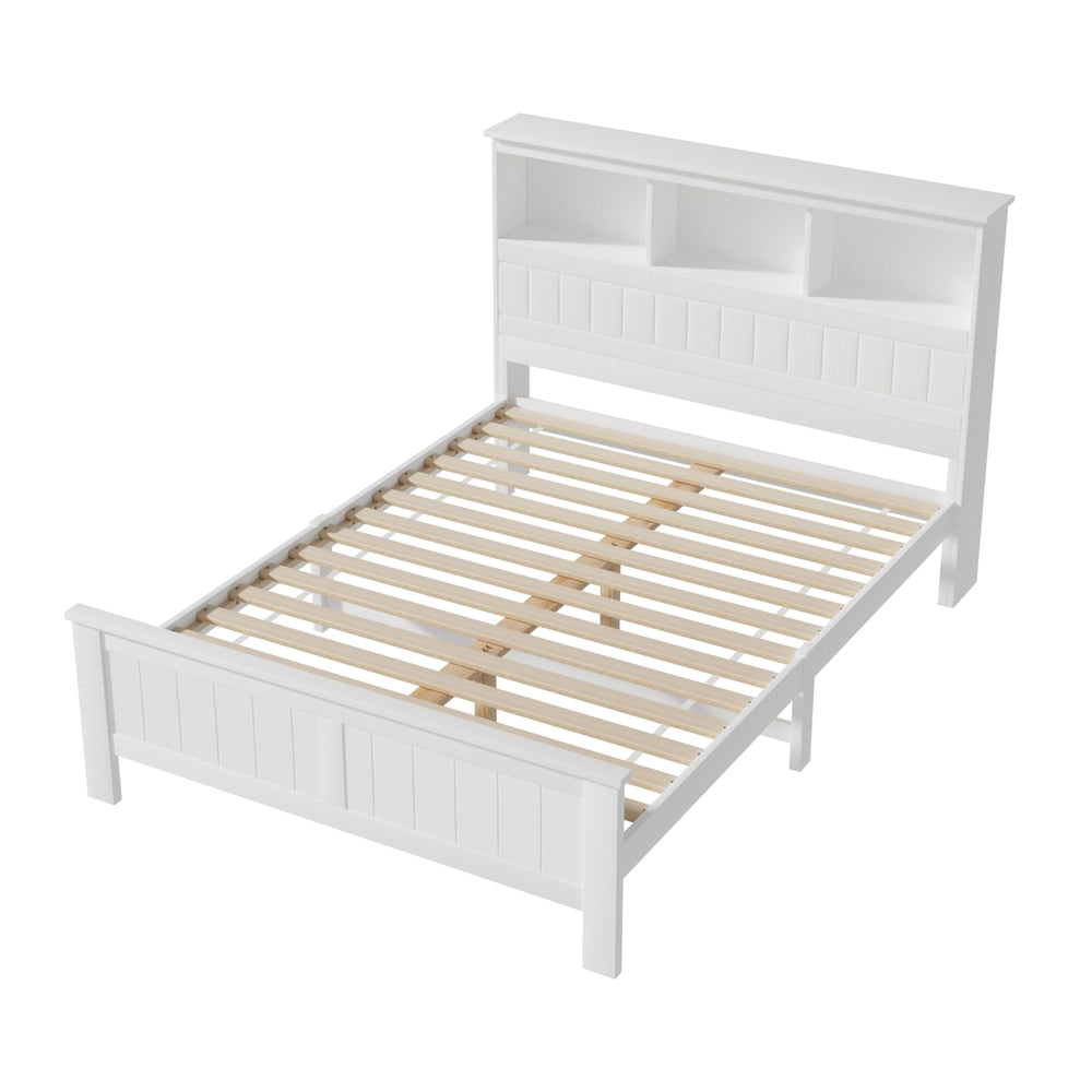 Artiss Bed Frame | Double Size | Wooden with 3 Shelves | Bed Head | White
