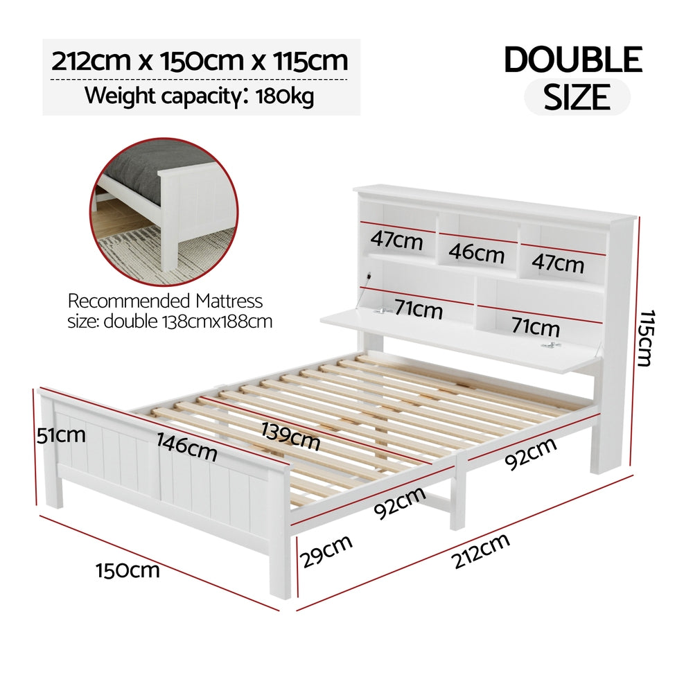Artiss Bed Frame | Double Size | Wooden with 3 Shelves | Bed Head | White