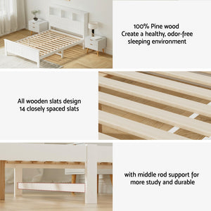 Artiss Bed Frame | Double Size | Wooden with 3 Shelves | Bed Head | White