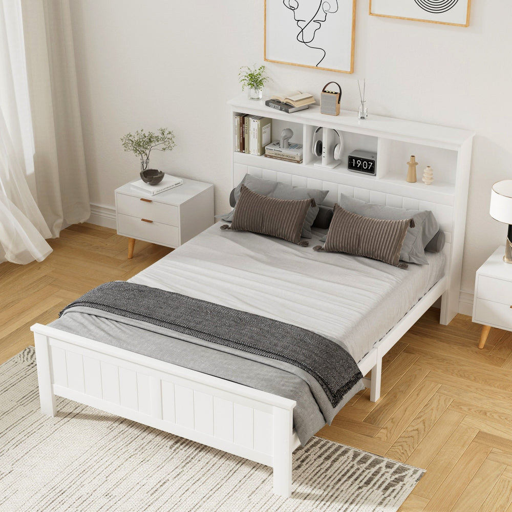 Artiss Bed Frame | Double Size | Wooden with 3 Shelves | Bed Head | White
