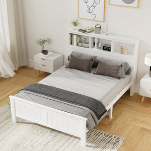 Artiss Bed Frame | Double Size | Wooden with 3 Shelves | Bed Head | White