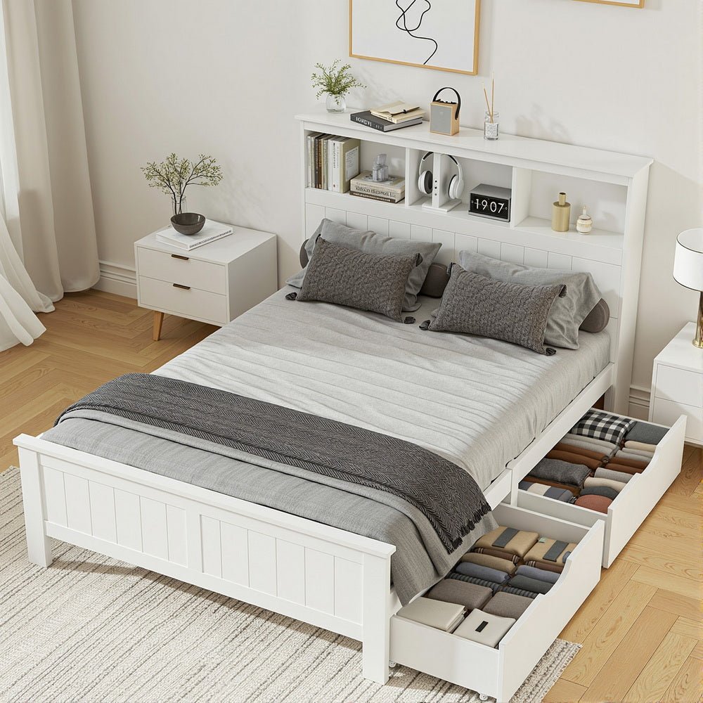 Double Bed Frame | Wooden Bed Base | Headboard with 3 Shelves | White
