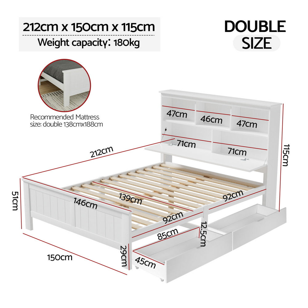 Double Bed Frame | Wooden Bed Base | Headboard with 3 Shelves | White